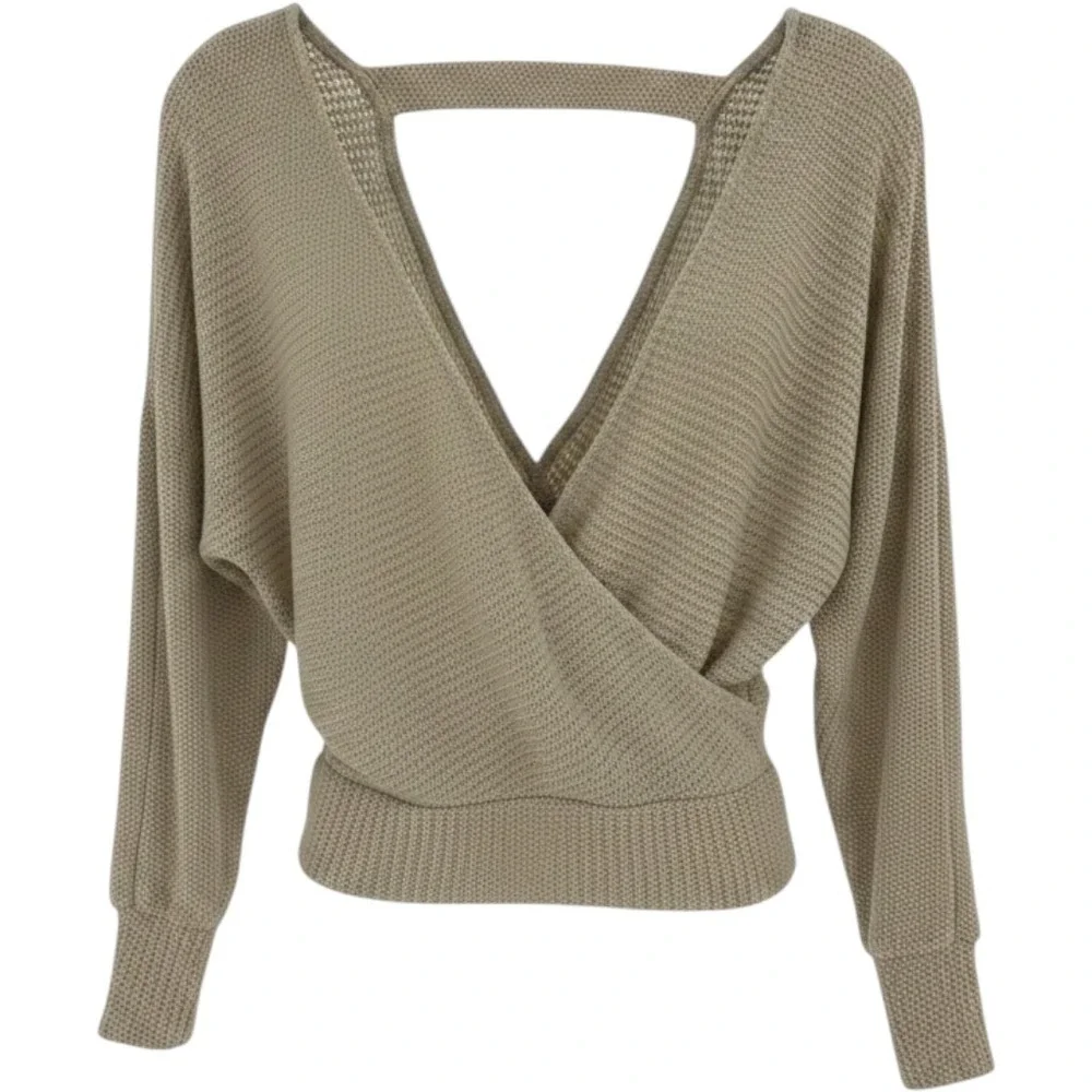 Windsor Womens Tan‎ Knit Surplice Wrap V-Neck Open Back Sweater T3205 Medium